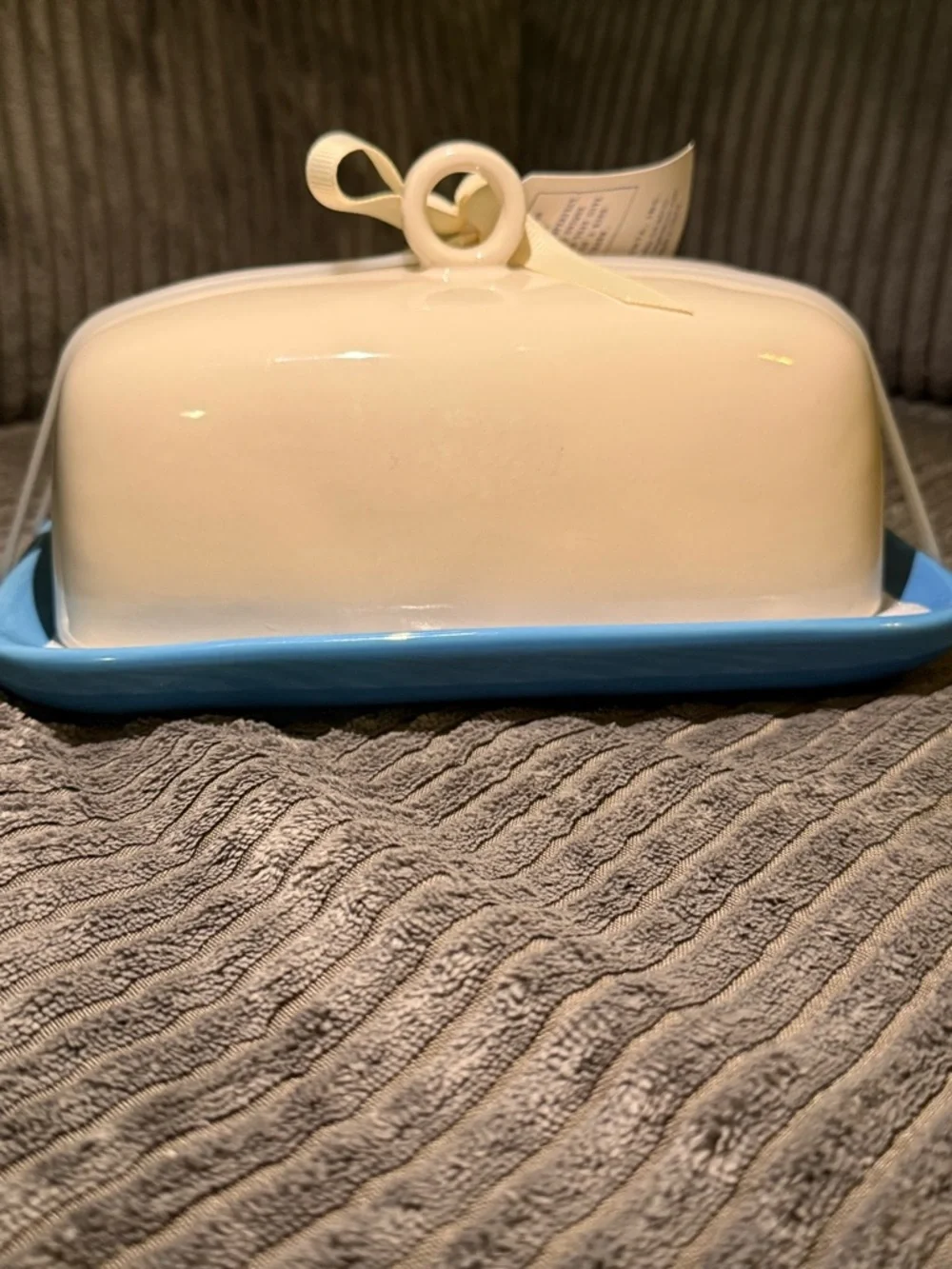 Rae Dunn Ceramic Butter Dish in White and Light Blue